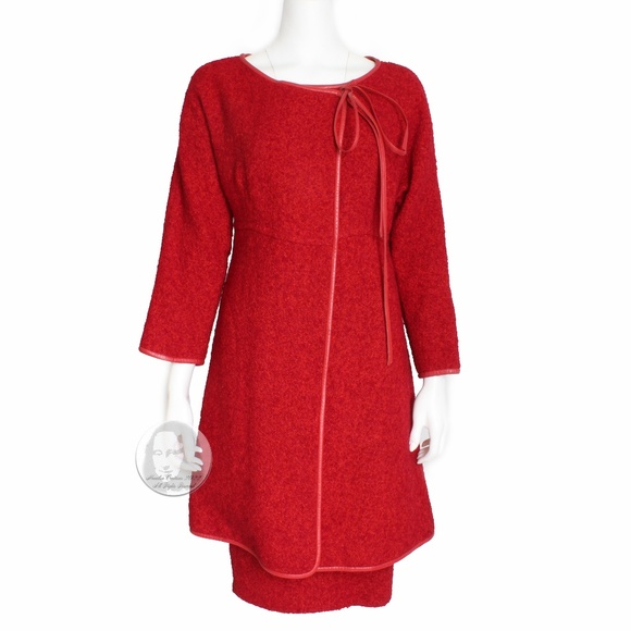 Bonnie Cashin for Sills Jacket + Skirt 2pc Red Boucle Wool & Leather Vintage 60s - Picture 1 of 12